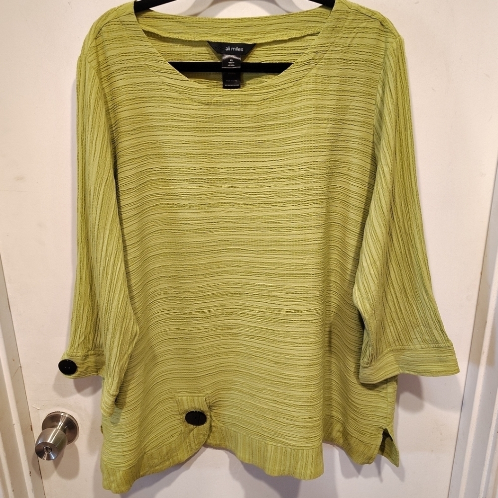 Ali Miles Women's Green Artsy Crinkle Tunic Top Sz XL Casual Career Bohemian